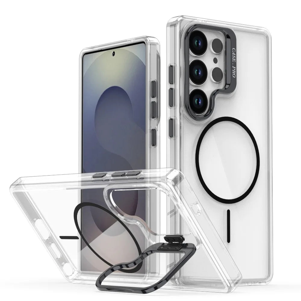 Luxury Clear For Magsafe Magnetic Lens Stand Holder Phone Case For Samsung S25 Ultra S24 Ultra Cover