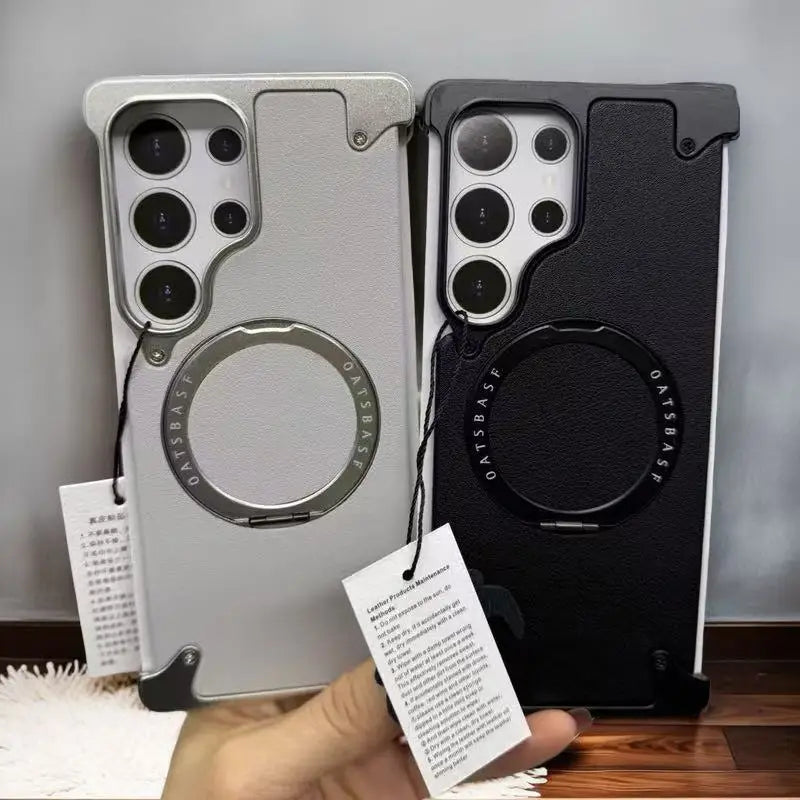 Magnetic Frameless Phone Case for Samsung Galaxy S25Ultra S24Ultra with 360° Rotatable Stand Genuine Leather Bumper Phone Cover