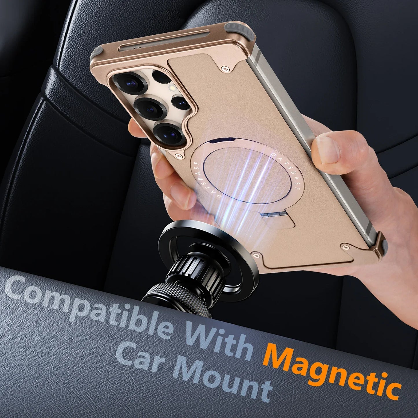 Magnetic Frameless Phone Case for Samsung Galaxy S25Ultra S24Ultra with 360° Rotatable Stand Genuine Leather Bumper Phone Cover