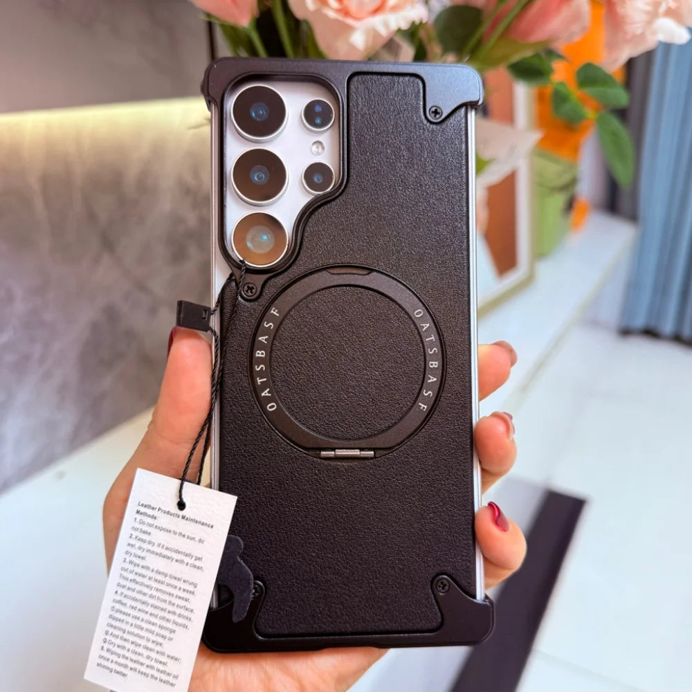 Magnetic Frameless Phone Case for Samsung Galaxy S25Ultra S24Ultra with 360° Rotatable Stand Genuine Leather Bumper Phone Cover