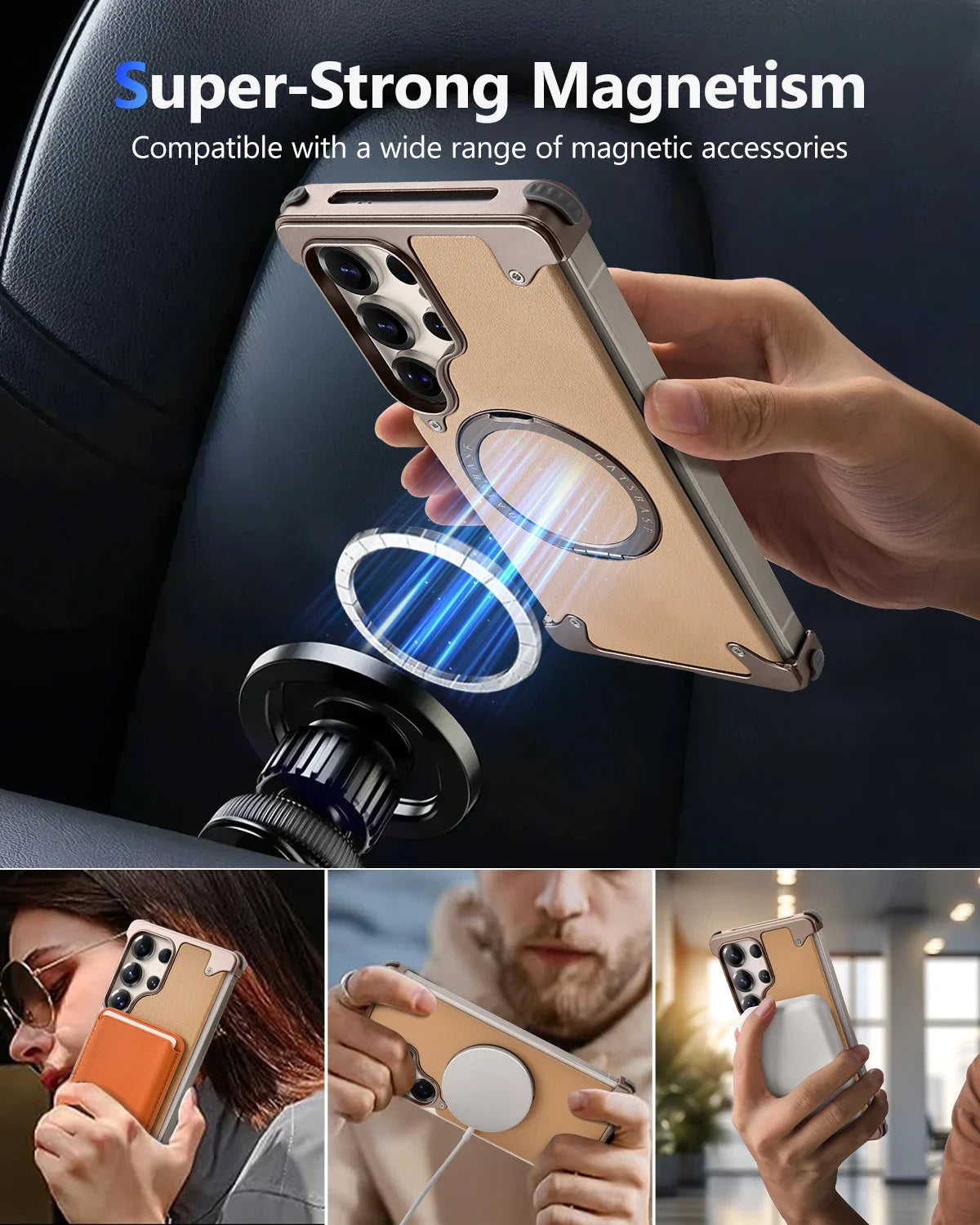 Magnetic Frameless Phone Case for Samsung Galaxy S25Ultra S24Ultra with 360° Rotatable Stand Genuine Leather Bumper Phone Cover