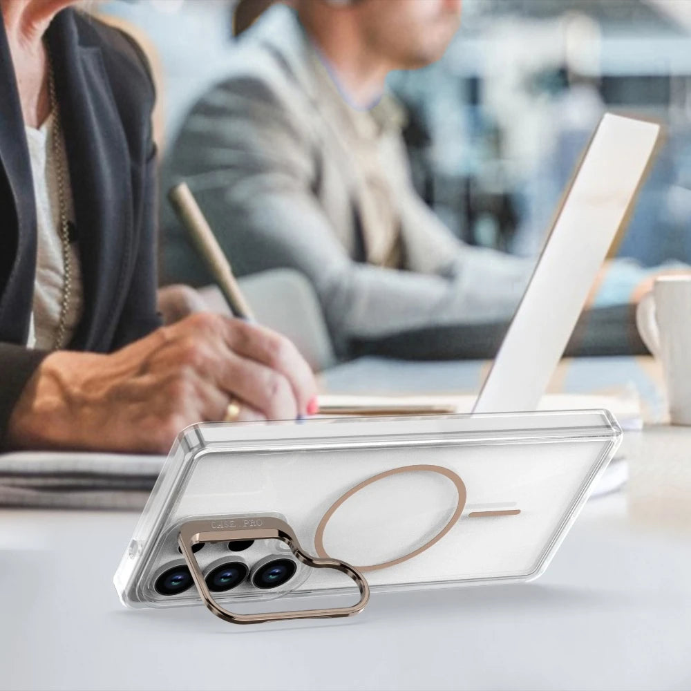 Luxury Clear For Magsafe Magnetic Lens Stand Holder Phone Case For Samsung S25 Ultra S24 Ultra Cover