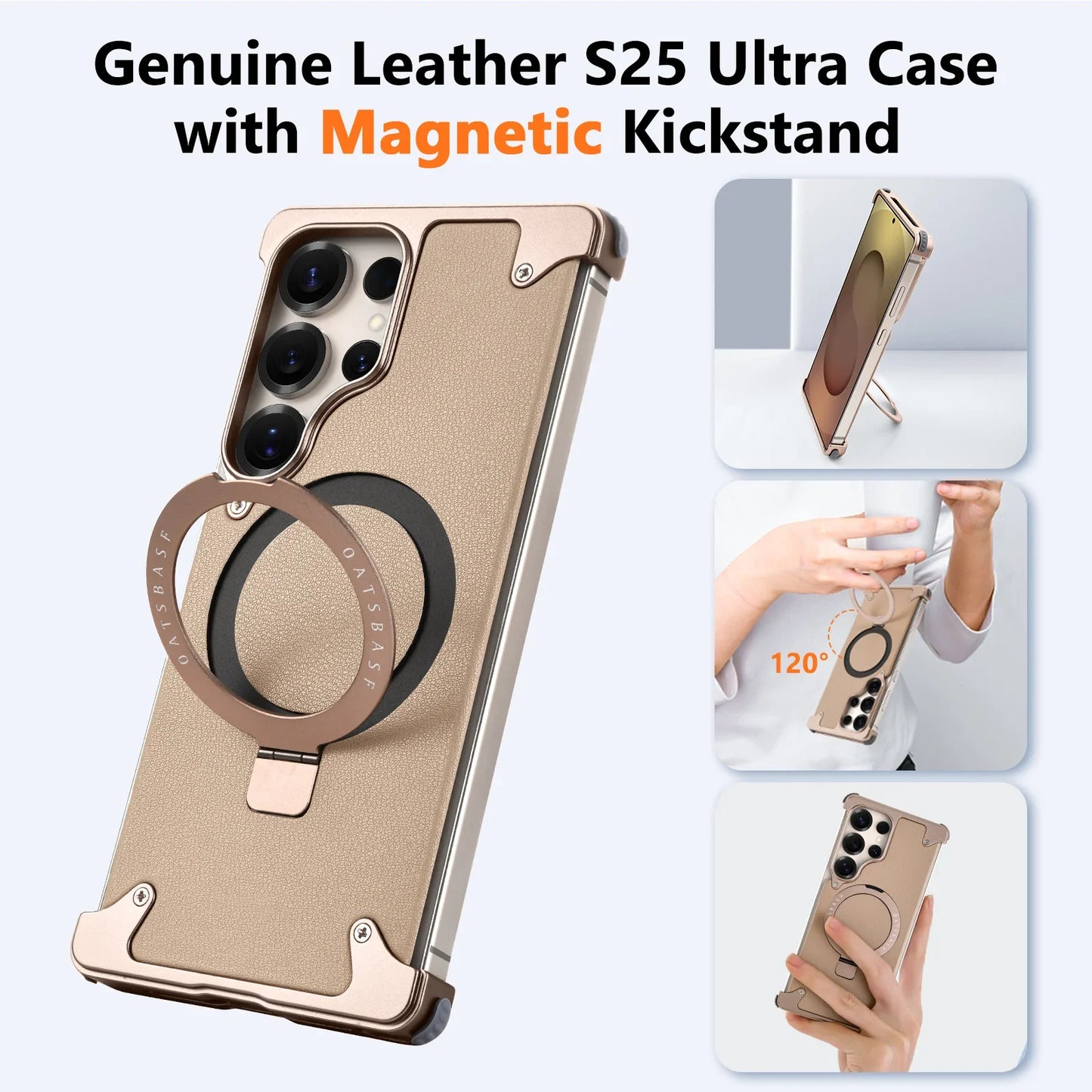 Magnetic Frameless Phone Case for Samsung Galaxy S25Ultra S24Ultra with 360° Rotatable Stand Genuine Leather Bumper Phone Cover