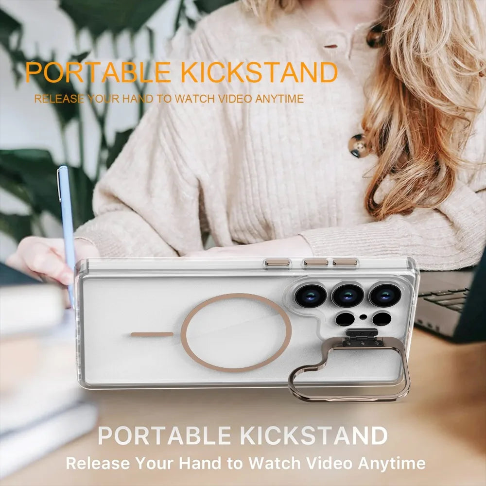 Luxury Clear For Magsafe Magnetic Lens Stand Holder Phone Case For Samsung S25 Ultra S24 Ultra Cover