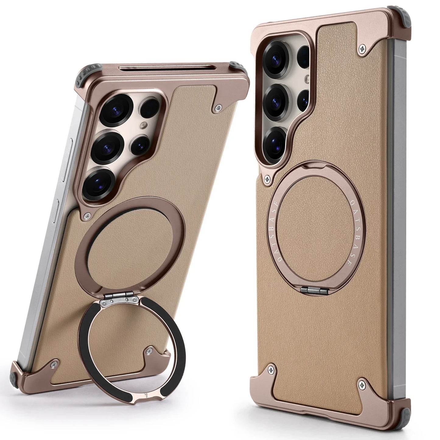 Magnetic Frameless Phone Case for Samsung Galaxy S25Ultra S24Ultra with 360° Rotatable Stand Genuine Leather Bumper Phone Cover