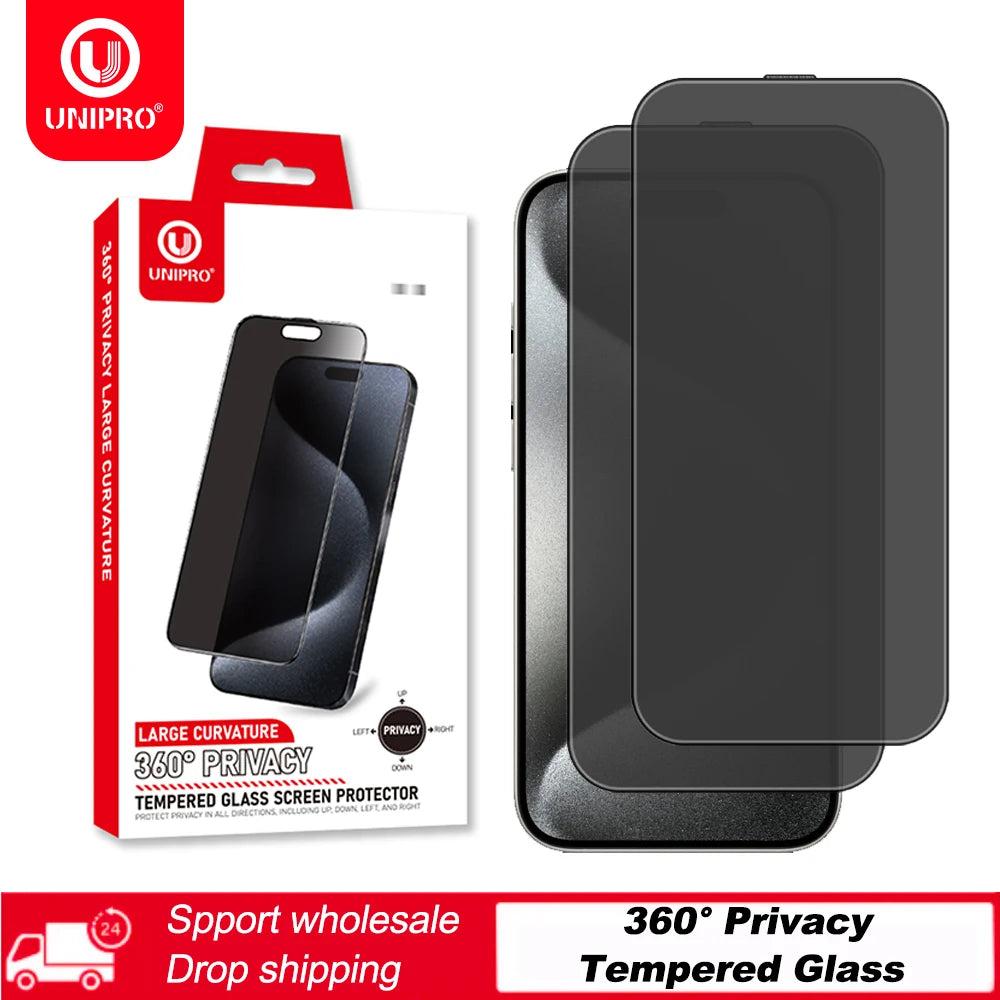 UNIPRO 1Pcs 360 Degree Privacy Screen Protector For IPhone 16 15 14 13 12 Pro Max 16 15 14 Plus Anti Spy Tempered Glass Film