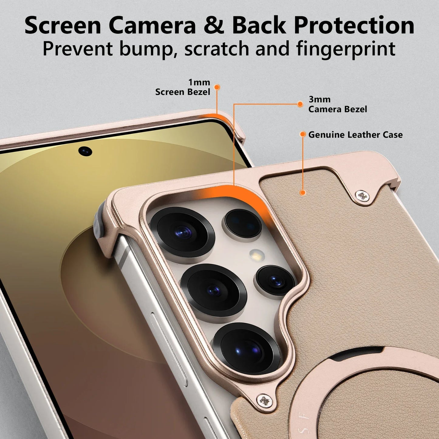 Magnetic Frameless Phone Case for Samsung Galaxy S25Ultra S24Ultra with 360° Rotatable Stand Genuine Leather Bumper Phone Cover