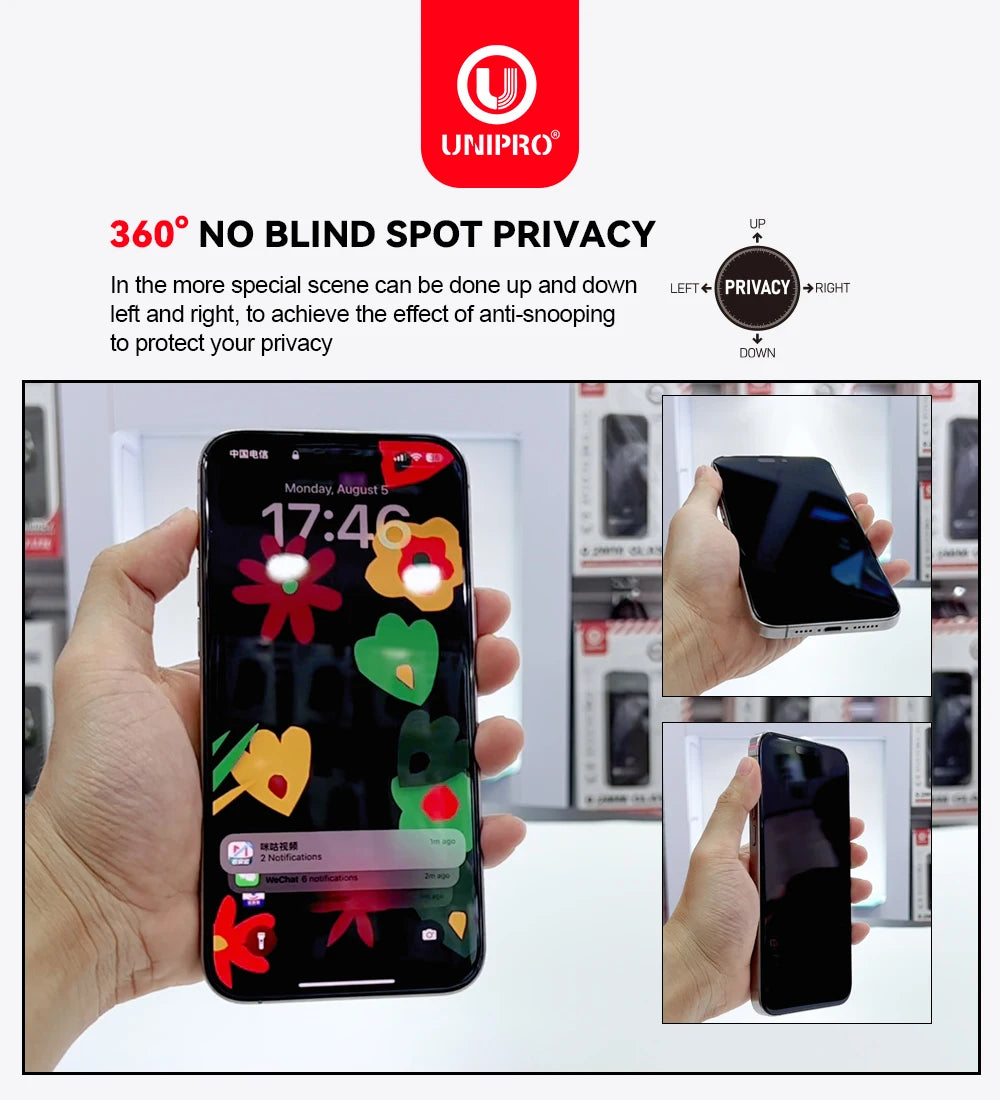 UNIPRO 1Pcs 360 Degree Privacy Screen Protector For IPhone 16 15 14 13 12 Pro Max 16 15 14 Plus Anti Spy Tempered Glass Film