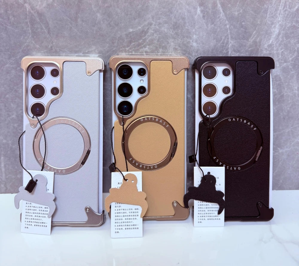 Magnetic Frameless Phone Case for Samsung Galaxy S25Ultra S24Ultra with 360° Rotatable Stand Genuine Leather Bumper Phone Cover