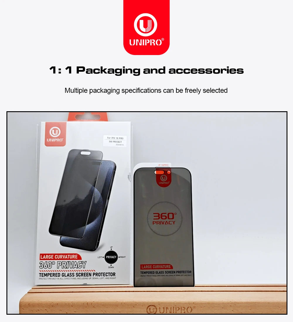 UNIPRO 1Pcs 360 Degree Privacy Screen Protector For IPhone 16 15 14 13 12 Pro Max 16 15 14 Plus Anti Spy Tempered Glass Film