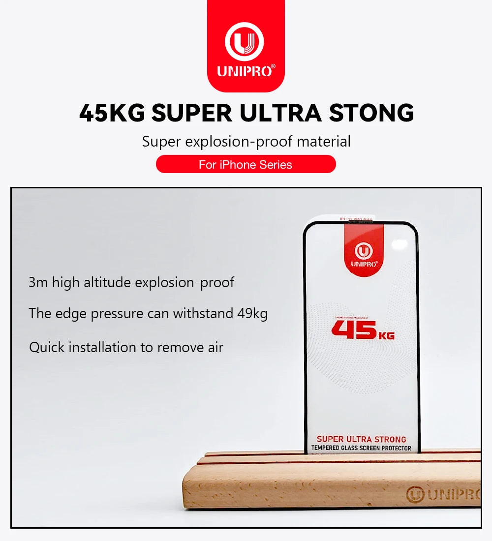 UNIPRO Ultra Strong Tempered Glass Screen Protector Strength 45KG Guard Film For iPhone 16 Pro Max 15 Plus 14 13 12 11 XS XR X