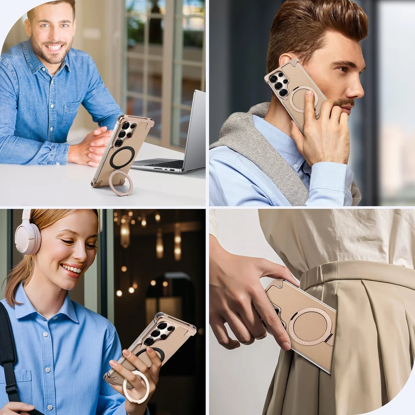 Magnetic Frameless Phone Case for Samsung Galaxy S25Ultra S24Ultra with 360° Rotatable Stand Genuine Leather Bumper Phone Cover