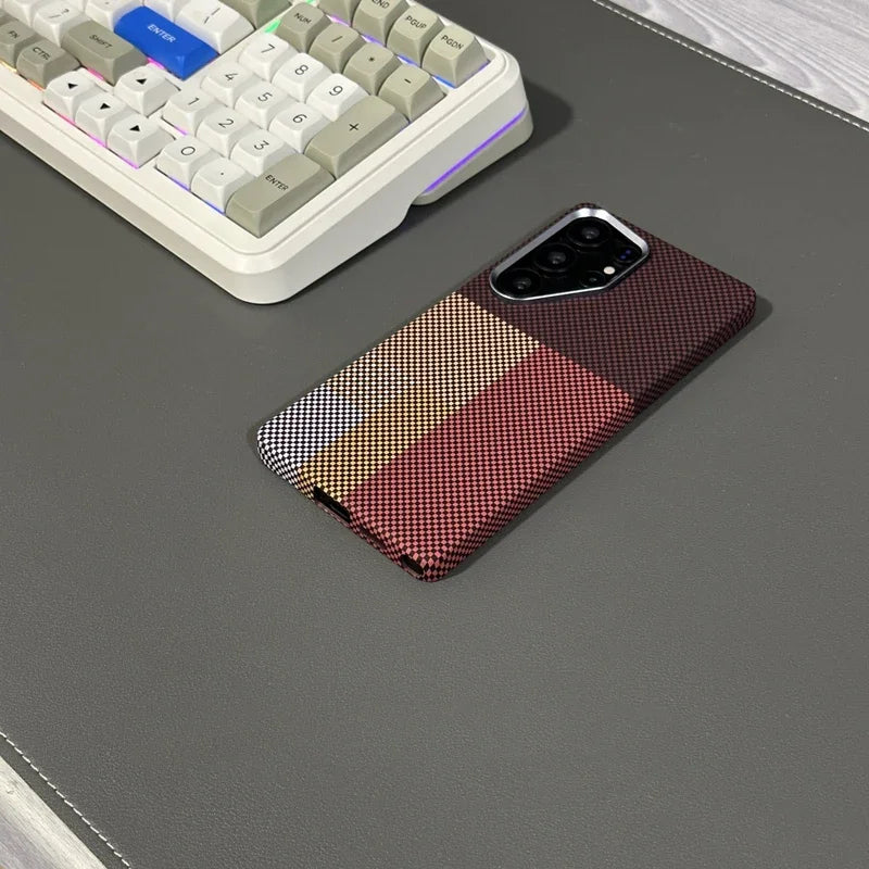 Carbon Fiber Texture Phone Case for Samsung Galaxy  S24  Ultra MagSafe Magnetic Wireless Charging Alloy Lens Hard PC Cover