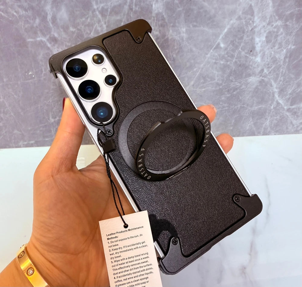 Magnetic Frameless Phone Case for Samsung Galaxy S25Ultra S24Ultra with 360° Rotatable Stand Genuine Leather Bumper Phone Cover