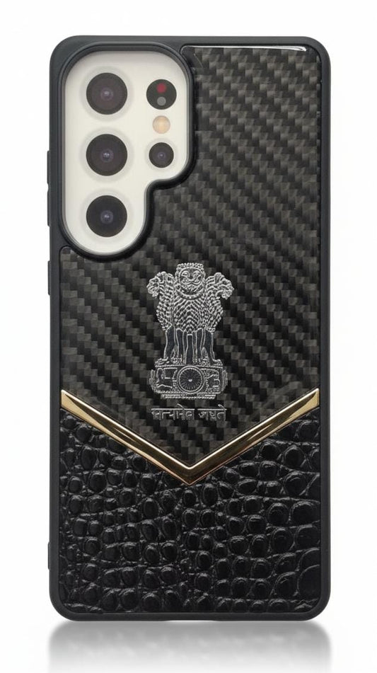 Samsung Galaxy S24 Ultra Premium Carbon Fiber & Croc-Leather Emblem Case